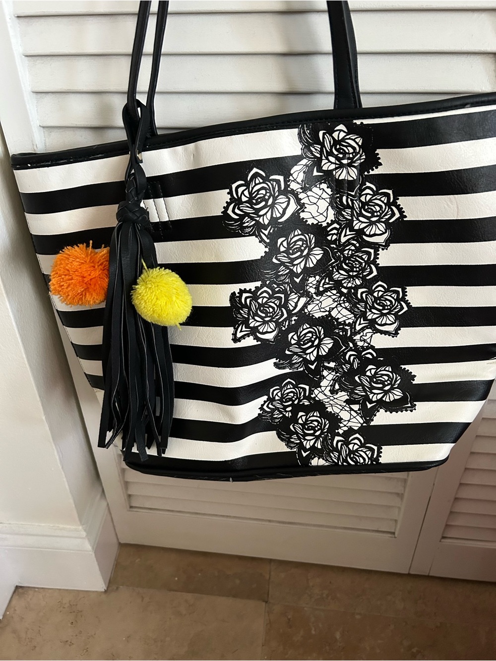 Striped Black & White Floral Tote Purse with Pom-Pom Accent